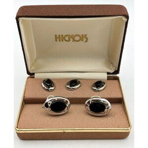 1970s Hickok Tuxedo Cuff Links and Shirt Stud Set-Silver Tone-Onyx-NOS MCM